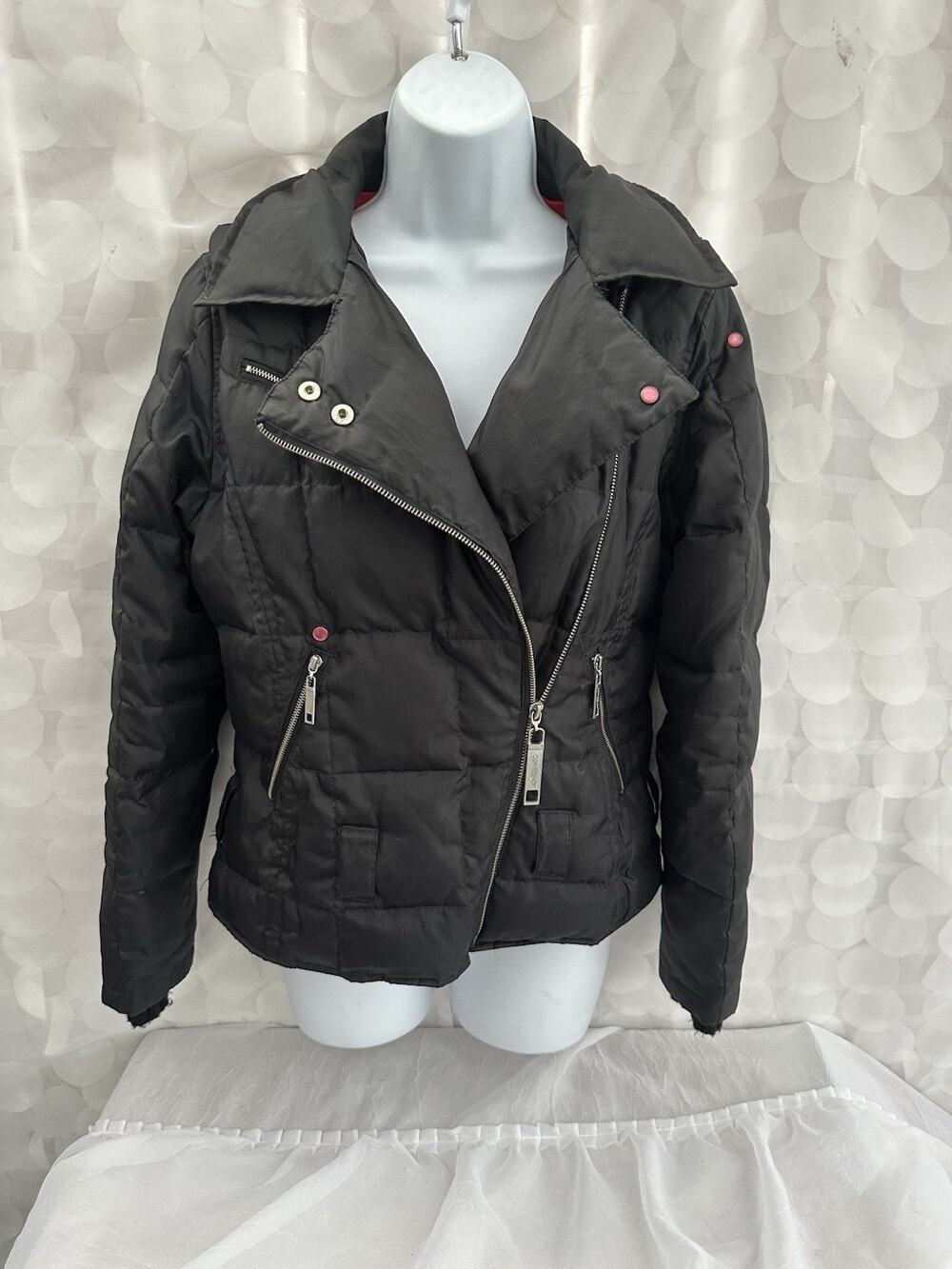 Coffeeshop Black DOWN Juniors Medium Puffer Jacket Moto Style Zippers